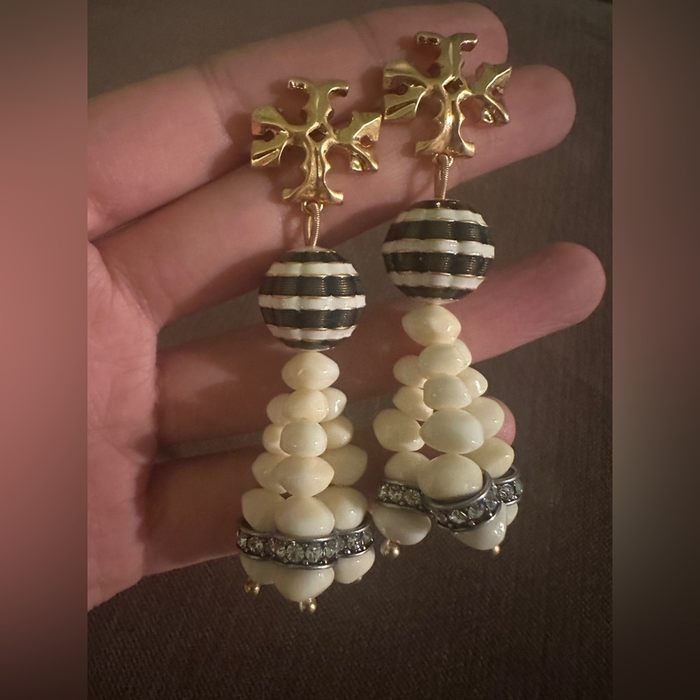Tory Burch Gold and Cream Beaded Earrings